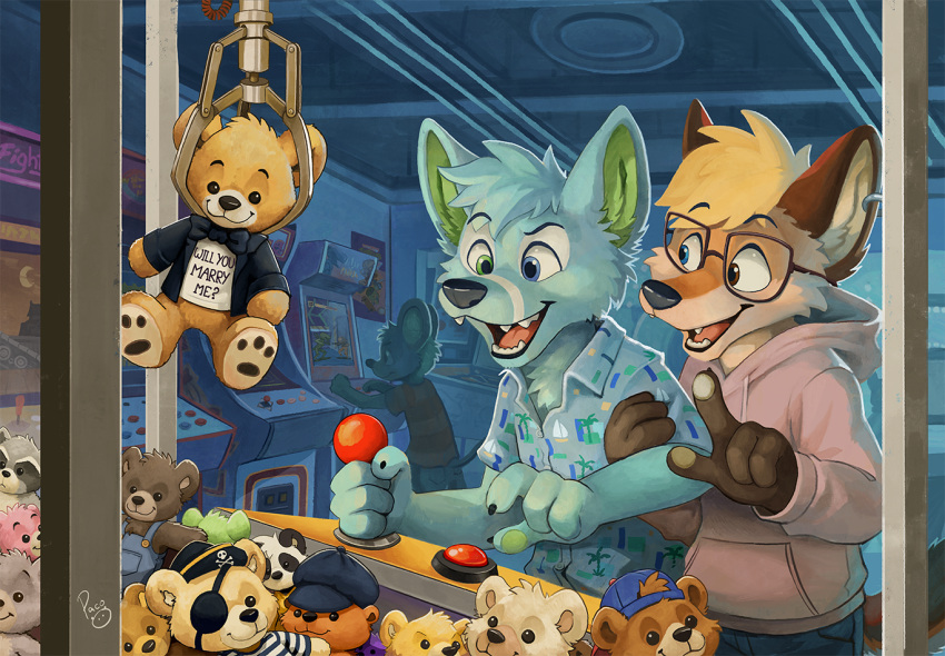 aloha_shirt anthro arcade arcade_machine blue_body blue_eyes blue_fur blue_hair brown_eyes canid canine claw_machine clothing duo ear_piercing eyewear fox fur glasses green_eyes hair hoodie inner_ear_fluff male male/male mammal mouse multicolored_body multicolored_fur murid murine orange_body orange_fur orange_hair pandapaco pattern_clothing pattern_shirt pattern_topwear piercing plushie proposal rodent shirt smile teddy_bear topwear tuft two_tone_body two_tone_fur