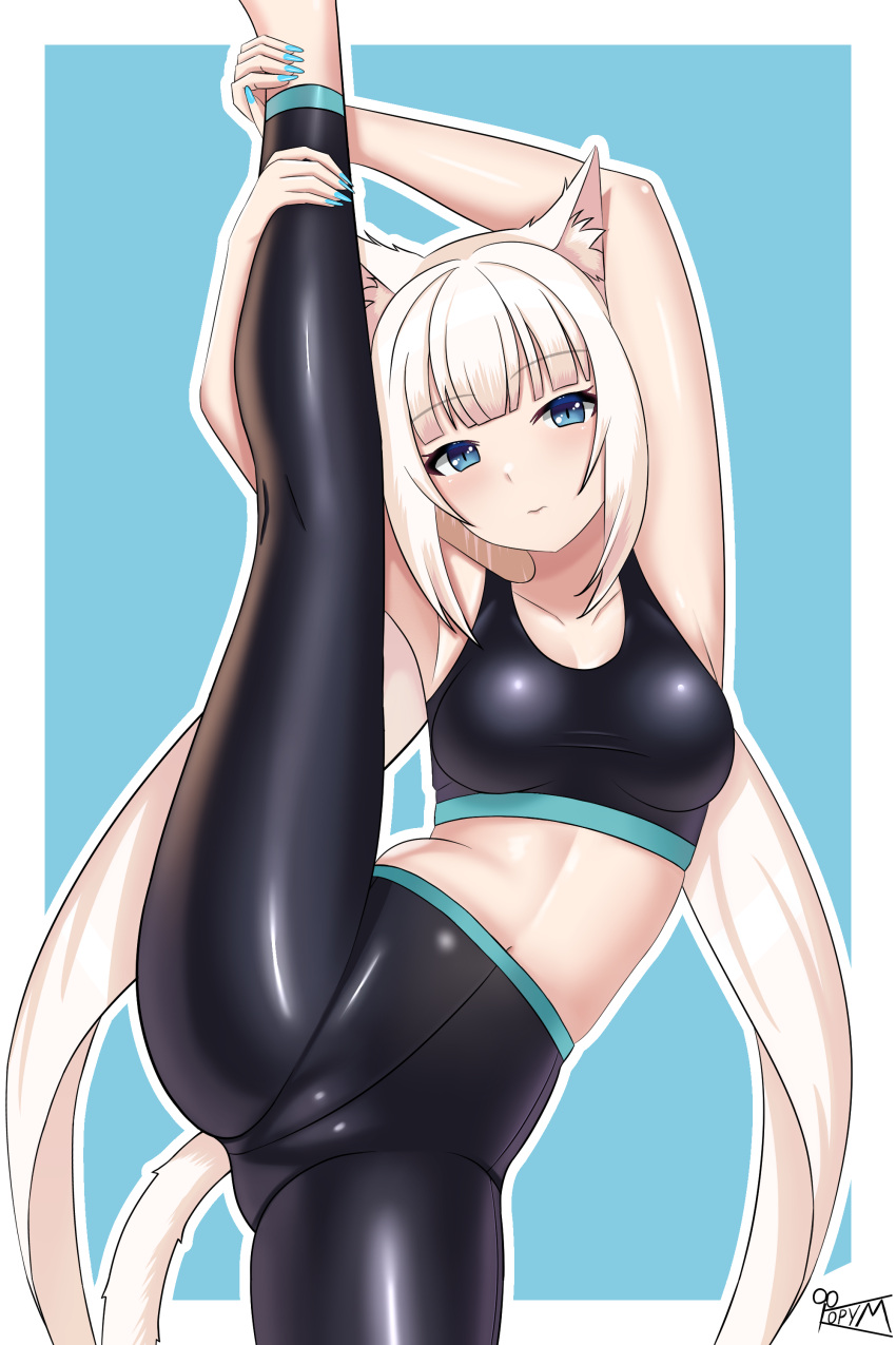 absurdres animal_ears blue_background blue_eyes blue_nails blunt_bangs breasts cat_ears cat_girl cat_tail f0rum7v gymnastics highres legs_up long_hair nekopara original rhythmic_gymnastics tail twintails vanilla_(nekopara) workout_clothes