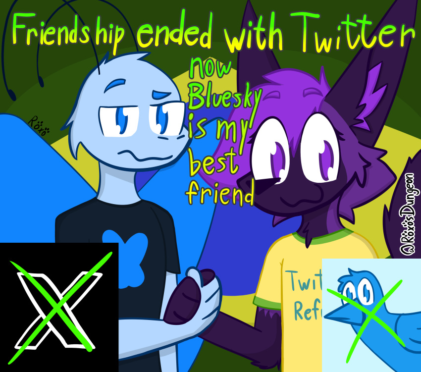 absurd_res anthro blue_body blue_eyes blue_fur blue_wings bluesky_(social_media) bluesky_butterfly brazil brazilian_flag butterfly_furry canid canine clothing duo fennec_fox fox fur gesture hair handshake hi_res male mammal meme purple_body purple_eyes purple_fur purple_hair roxo roxo_(artist) shirt signature text topwear true_fox twitter twitter_bird wings x_(social_media)