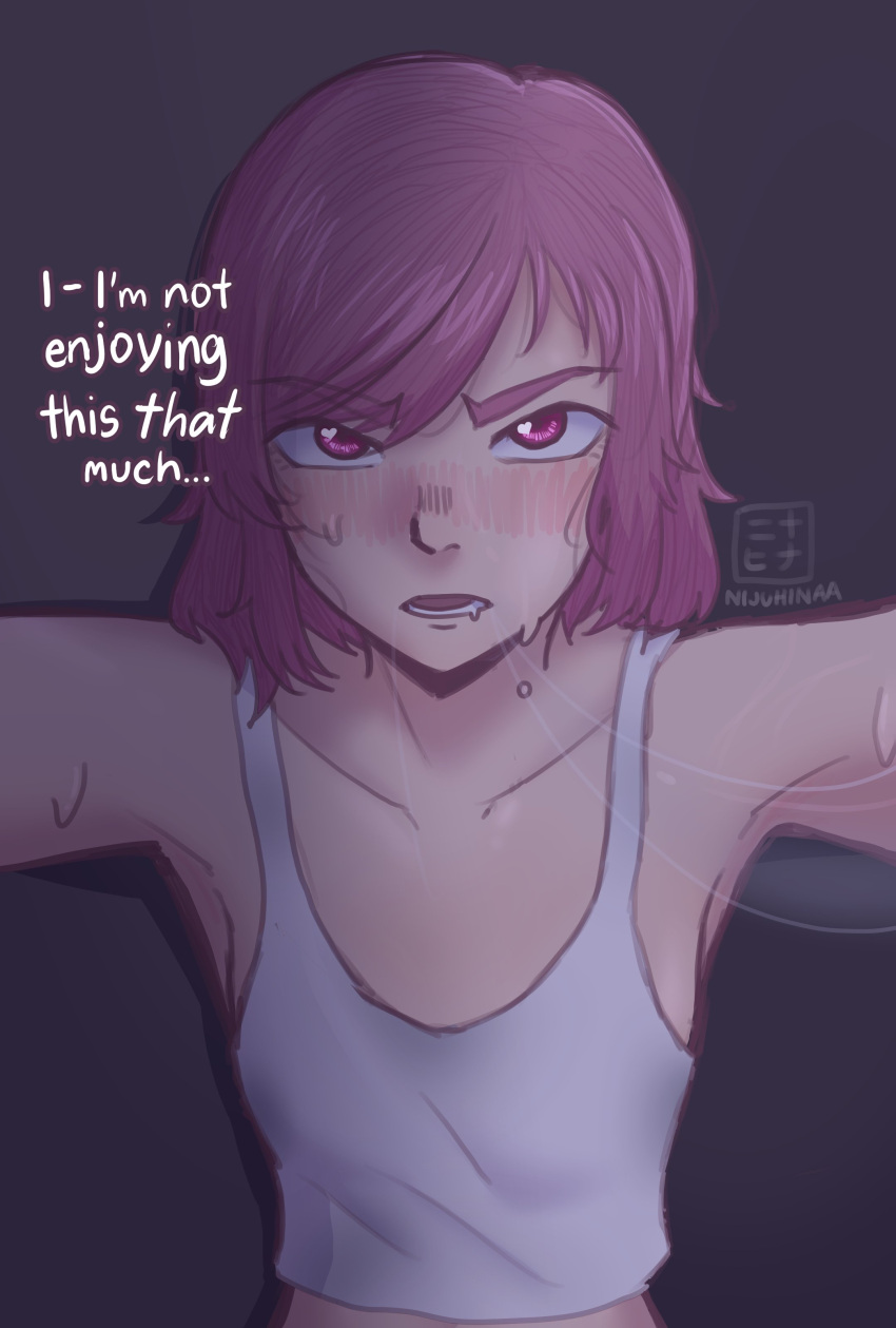 absurdres armpits artist_name bare_shoulders blush bob_cut breasts camisole collarbone commentary doki_doki_literature_club dripping embarrassed english_commentary english_text female foreplay foreshortening glaring hair_down highres implied_kiss looking_at_viewer lower_teeth_only messy_hair narrowed_eyes natsuki_(doki_doki_literature_club) nijuhinaa no_bra nose nose_blush parted_lips pink_eyes pink_hair pov purple_background reaching reaching_towards_viewer saliva saliva_trail serious short_hair signature small_breasts solo sweat swept_bangs teeth thick_eyebrows translated upturned_eyes v-shaped_eyebrows very_sweaty white_camisole