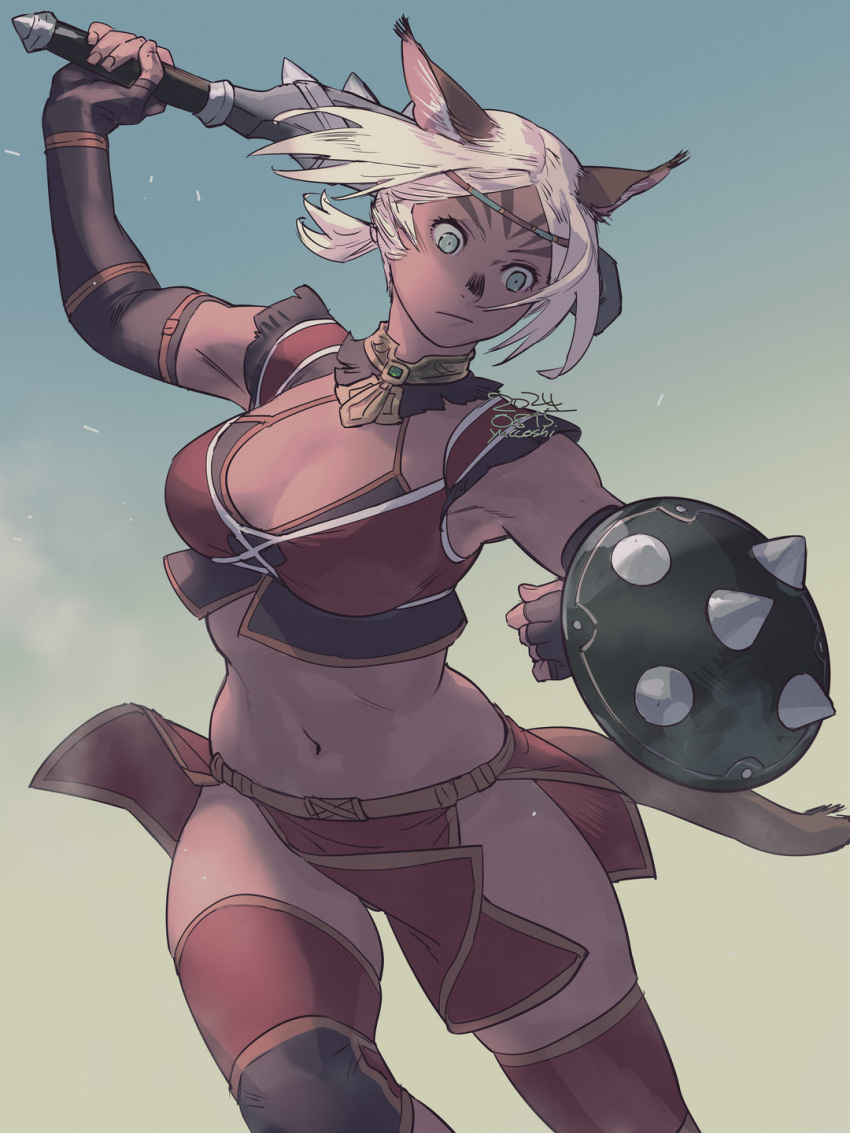 2024 :/ adventurer_(ff11) animal_ears artist_name black_gloves blue_eyes breasts buckler cat_ears cat_girl cat_tail circlet cleavage closed_mouth dark-skinned_female dark_skin dated elbow_gloves female final_fantasy final_fantasy_xi fingerless_gloves gloves highres holding holding_weapon loincloth medium_breasts mithra_(ff11) navel no_eyebrows parted_bangs red_loincloth shield short_hair solo tail weapon white_hair yuccoshi