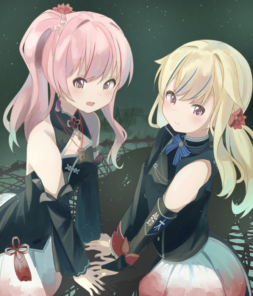 2girls :d absurdres armband bare_shoulders black_dress black_sleeves blonde_hair blue_hair blush braid breasts bridal_gauntlets china_dress chinese_clothes cleavage_cutout closed_mouth clothing_cutout commentary_request detached_sleeves dress highres himehina_channel long_hair long_sleeves medium_breasts multicolored_hair multiple_girls pink_hair pleated_skirt purple_eyes ryoku_sui side_ponytail skirt sleeveless sleeveless_dress smile streaked_hair suzuki_hina tanaka_hime virtual_youtuber white_skirt