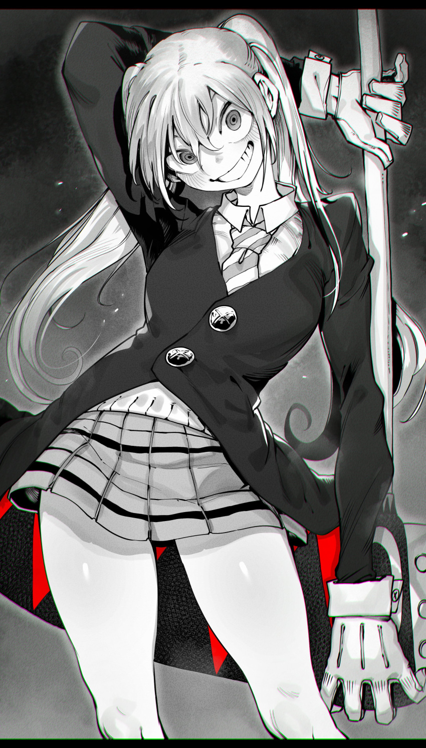 absurdres blush collared_shirt female gloves greyscale grin hair_between_eyes highres holding holding_scythe holding_weapon jacket letterboxed long_hair long_sleeves looking_at_viewer maka_albarn miniskirt monochrome necktie niwarhythm plaid_clothes plaid_skirt pleated_skirt scythe shirt simple_background skirt smile solo soul_eater spot_color striped_necktie twintails very_long_hair weapon