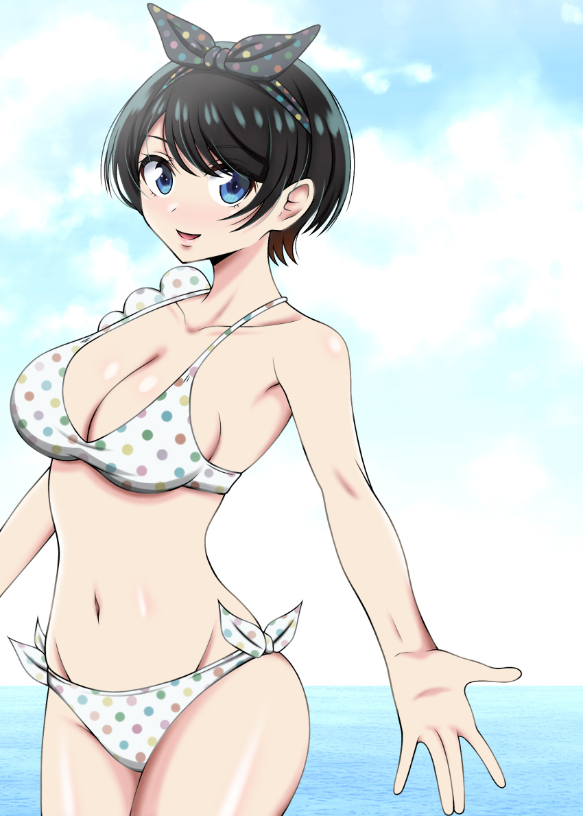 absurdres bikini black_hair blue_eyes blue_sky breasts cleavage cloud cowboy_shot female frilled_bikini frills gokuu_(goku_xeno59) highres horizon kanojo_okarishimasu large_breasts ocean polka_dot polka_dot_bikini sarashina_ruka short_hair side-tie_bikini_bottom sky solo swimsuit white_bikini