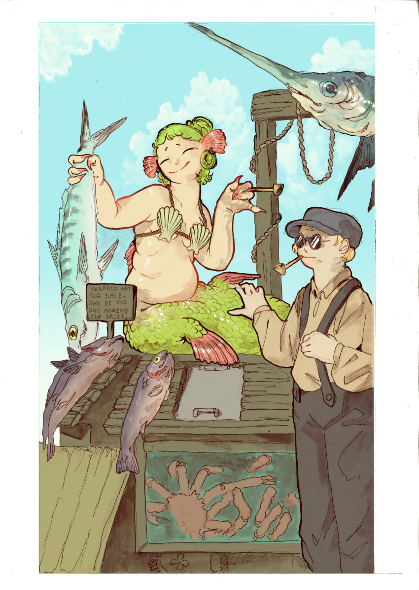 4_fingers 5_fingers absurd_res arthropod billfish bra breasts clothed clothing crab crustacean decapoda duo english_text female fin fingers fish green_body green_hair green_scales hair hat headgear headwear hi_res human istiophoriform legless malacostracan male mammal marine merfolk scales scribbltyhibblty seashell_bra split_form swordfish tail tail_fin text underwear