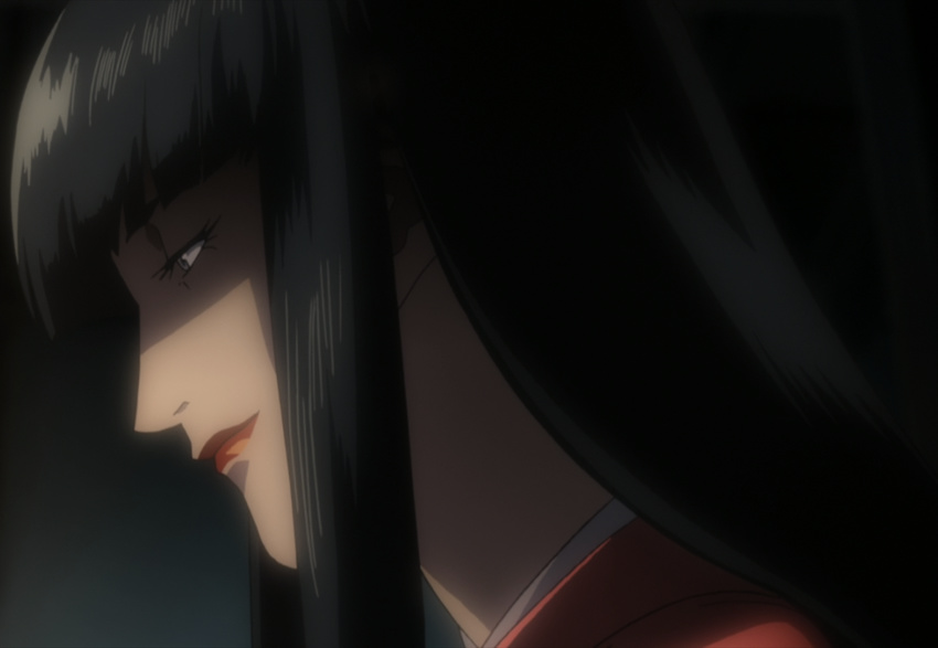 black_hair grey_eyes highres japanese_clothes kimono kuromitsu kurozuka long_hair red_lipstick screencap solo vampire