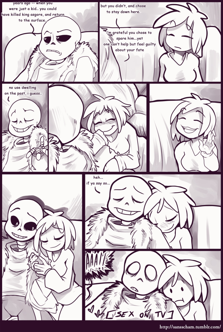 black_and_white breasts clothed clothing comic female female_frisk female_human frisk hearts human kayla-na male male/female moaning monster movie_night_(kayla-na) safe sans sansscham skeleton straight undertale