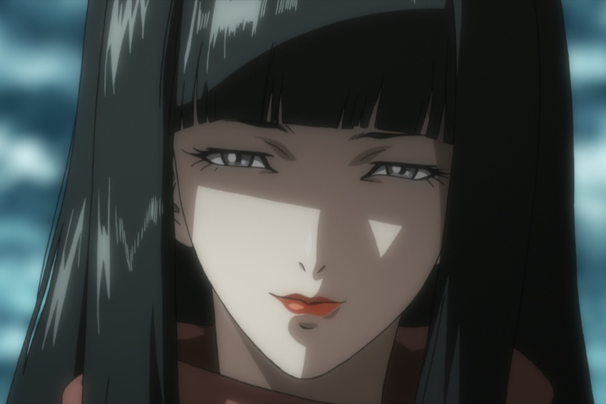 black_hair grey_eyes highres japanese_clothes kimono kuromitsu kurozuka long_hair red_lipstick screencap solo vampire