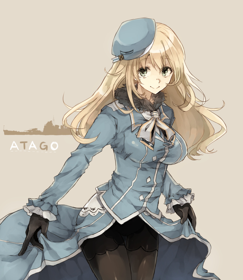 atago_(cruiser) atago_(kancolle) beret black_gloves black_pantyhose blonde_hair breasts character_name chibirisu closed_mouth commentary cowboy_shot dress female gloves green_eyes hat highres historical_name_connection kantai_collection light_smile long_hair looking_at_viewer medium_breasts military military_uniform name_connection object_namesake pantyhose simple_background skirt_hold smile solo standing twitter_username uniform