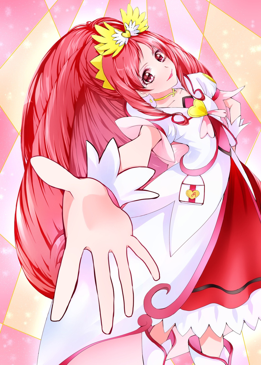 blush brooch commentary_request cure_ace dokidoki!_precure dress earrings eyelashes female hair_ornament hair_ribbon half_updo happy heart heart_brooch highres jewelry lipstick long_hair looking_at_viewer madoka_aguri magical_girl makeup mikan_(mikataaaa) ponytail precure red_dress red_eyes red_hair ribbon smile solo standing thighhighs very_long_hair wrist_cuffs