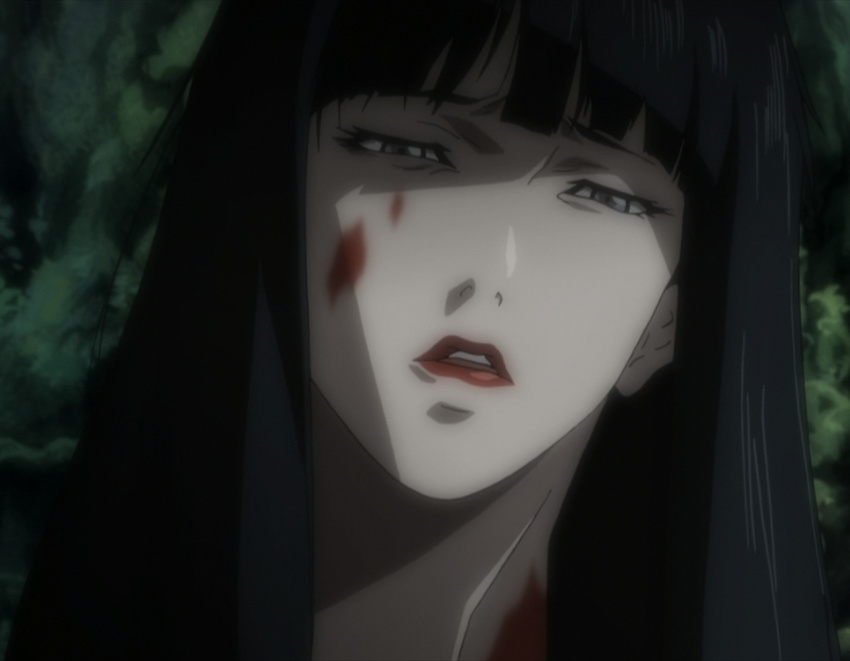 black_hair blood grey_eyes highres japanese_clothes kimono kuromitsu kurozuka long_hair red_lipstick screencap solo vampire