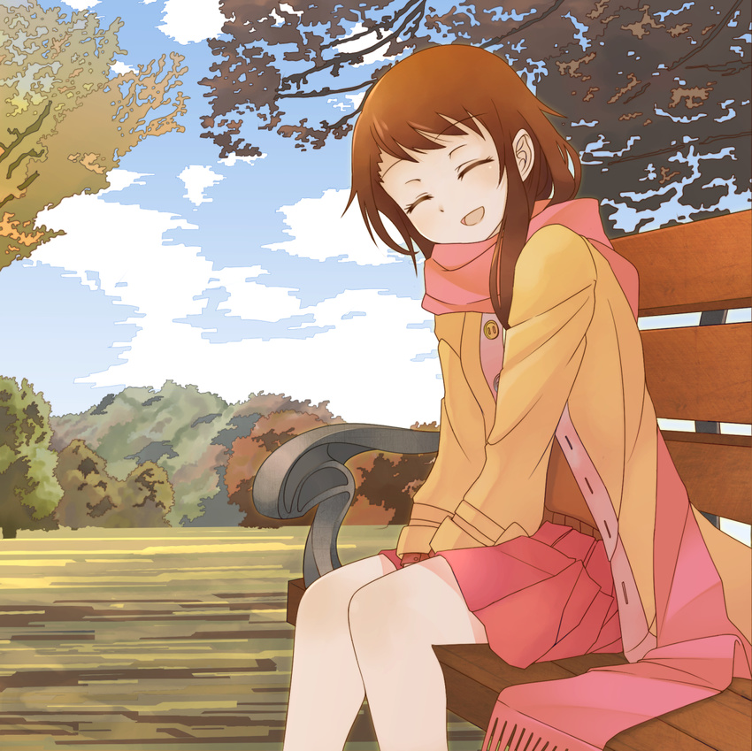 :d bench blush brown_hair buttons closed_eyes cloud commentary_request day female highres jacket long_hair nisekoi onodera_kosaki open_mouth outdoors own_hands_together scarf sitting skirt smile solo total9 tree