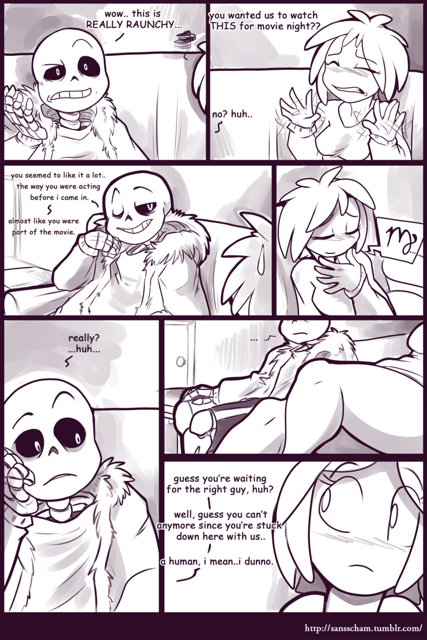 black_and_white calves clothed clothing comic female female_frisk female_human frisk human kayla-na male male/female monster movie_night_(kayla-na) sans sansscham skeleton straight thighs undertale