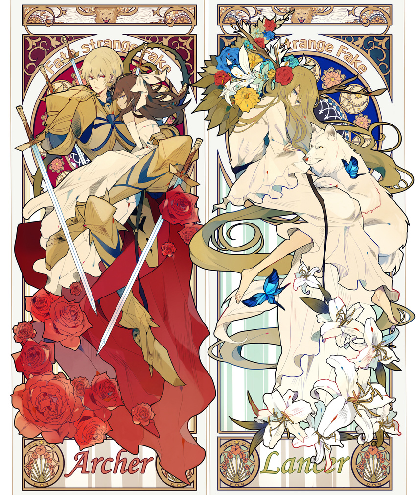 2boys androgynous armor armored_boots art_nouveau barefoot blonde_hair boots brown_hair bug butterfly cape commentary_request dark_skin dress enkidu_(fate) fate/stay_night fate/strange_fake fate_(series) female flower full_body gauntlets gilgamesh_(fate) green_hair hair_ribbon highres lily_(flower) lion long_hair looking_at_viewer multiple_boys red_eyes red_flower red_rose ribbon robe rose satsuki_(miicat) sword tine_chelc very_long_hair weapon white_robe wolf wolf_(fate)