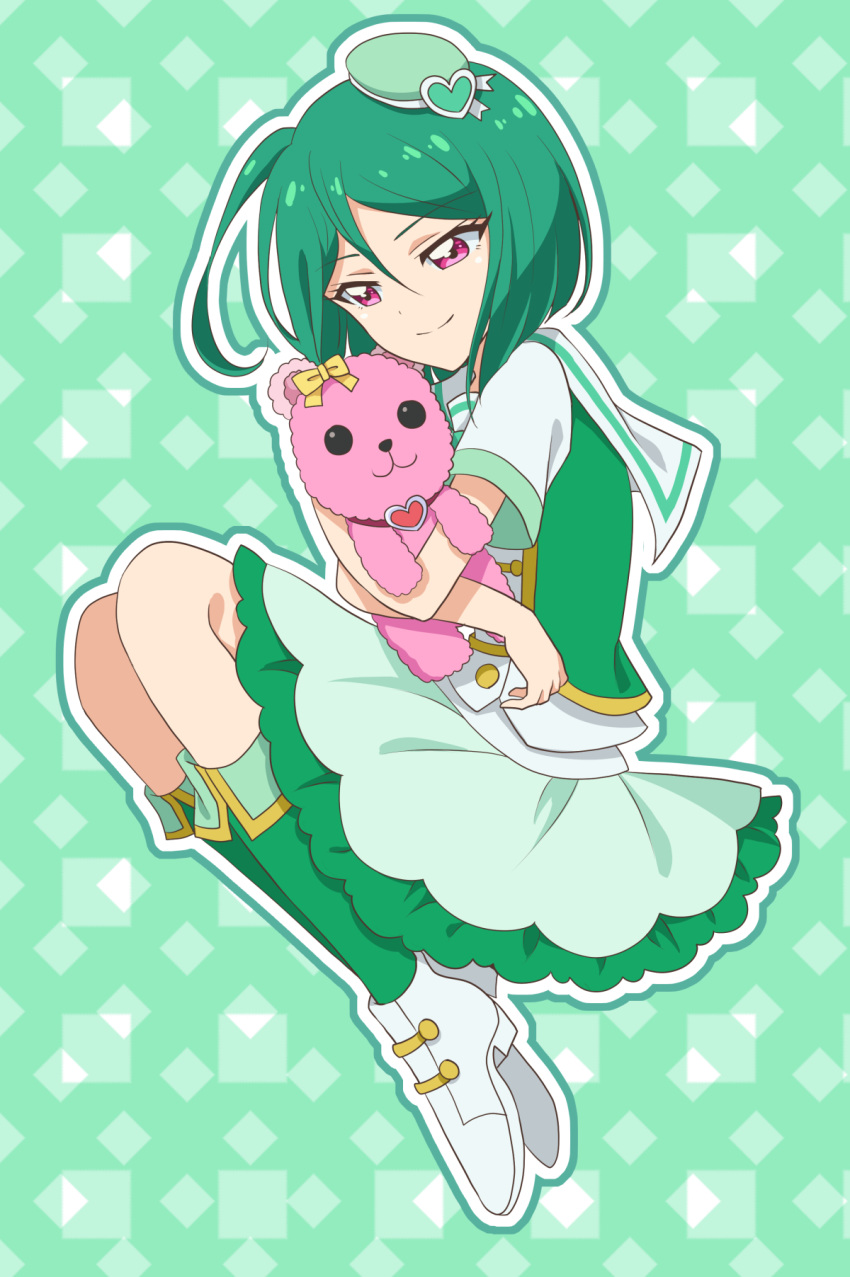 closed_mouth commentary eyelashes female green_hair green_skirt hat heart highres holding holding_stuffed_toy idol_clothes kiratto_pri_chan midorikawa_sara patterned_background pink_eyes pretty_series short_hair skirt smile soraeda stuffed_animal stuffed_toy teddy_bear