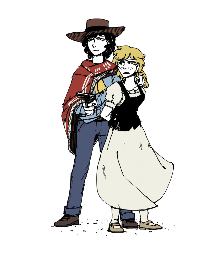 1boy a_fistful_of_dollars alternate_costume arms_behind_back ascot belt black_hair blonde_hair blue_shirt boots brown_footwear collared_shirt commentary cosplay cowboy_hat cowboy_western denim dress female freckles frown genderswap_(ftm) grey_dress gun hakurei_reimu hand_on_another's_shoulder handgun hat highres kirisame_marisa long_sleeves looking_back man_with_no_name man_with_no_name_(cosplay) no_headwear parody revolver rule_63 serious shinmera shirt shoes short_hair simple_background socks sombrero standing touhou trigram vest weapon white_background