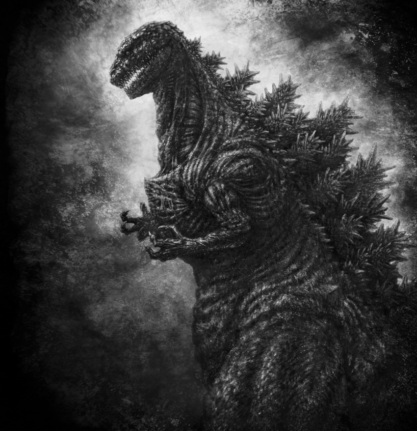 absurdres claws commentary_request from_side godzilla godzilla_(series) godzilla_(shin) greyscale highres kaijuu katou_yuu md5_mismatch monochrome monster no_humans open_mouth photoshop_(medium) sharp_teeth shin_godzilla small_hands spikes standing teeth