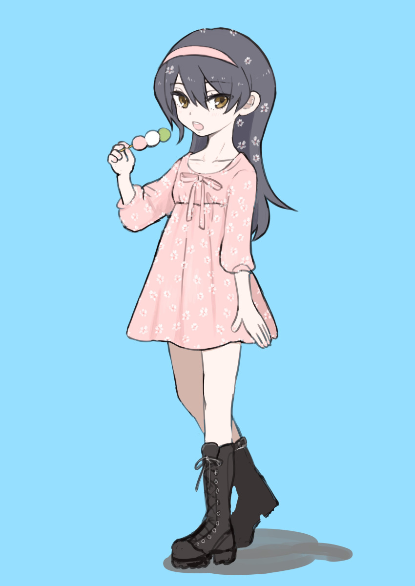 absurdres banira_(oocooocooocoo) black_footwear black_hair blue_background boots brown_eyes casual commentary cross-laced_footwear dango dress female floral_print flower food full_body girls_und_panzer hair_flower hair_ornament hairband highres holding holding_food lace-up_boots long_hair long_sleeves looking_at_viewer medium_dress open_mouth pink_dress pink_hairband print_dress reizei_mako shadow simple_background solo standing wagashi walking