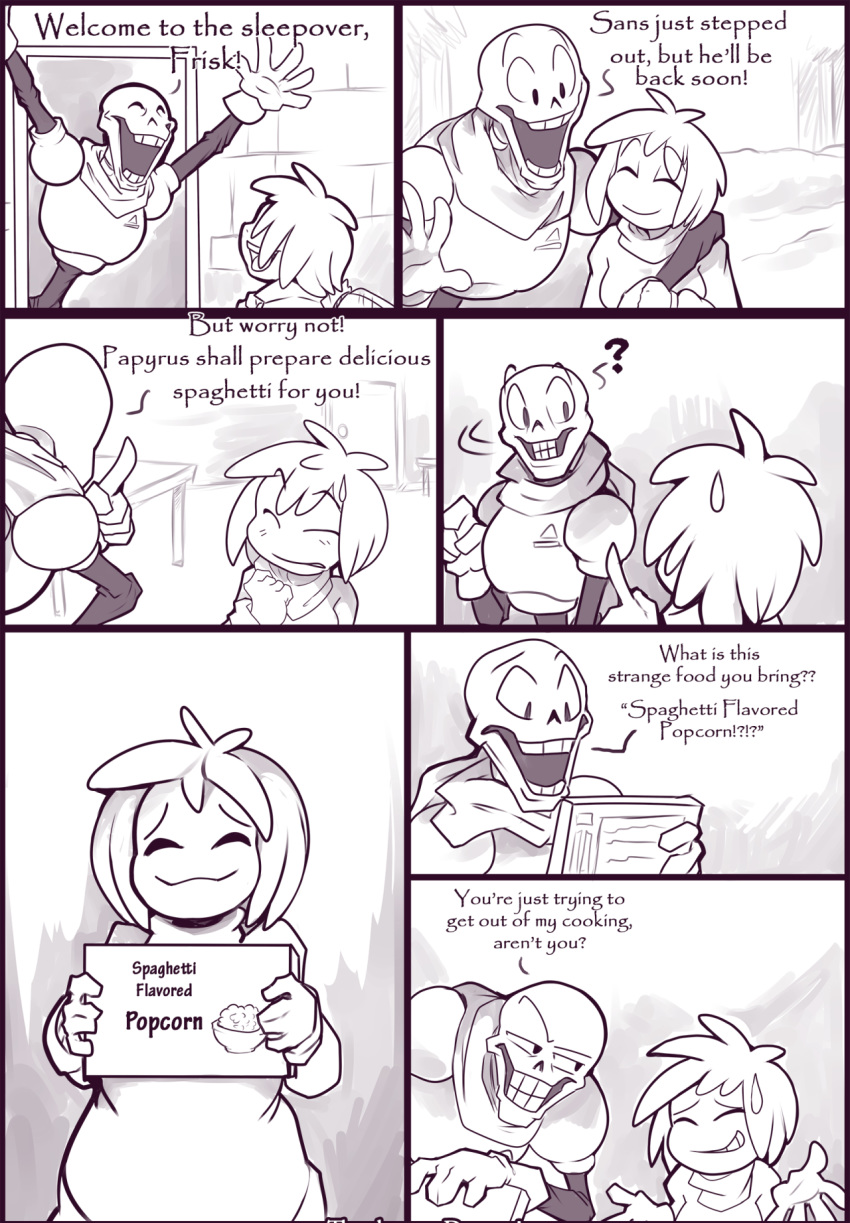 black_and_white comic frisk kayla-na monster movie_night_(kayla-na) papyrus safe sansscham skeleton undertale