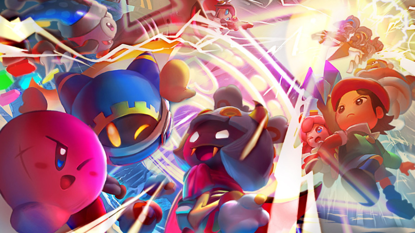 adeleine attack battle beak beret blue_eyes business_suit_(kirby) crystal energy_barrier energy_shield fangs flamberge_(kirby) flying francisca_(kirby) glowing glowing_eyes gun hat highres king_dedede kirby kirby:_star_allies kirby_(series) looking_at_another looking_up magolor marx_(kirby) mecha official_art one_eye_closed open_mouth red_headwear ribbon_(kirby) robot scar smile source_request susie_(kirby) taranza teamwork weapon yellow_eyes zan_partizanne