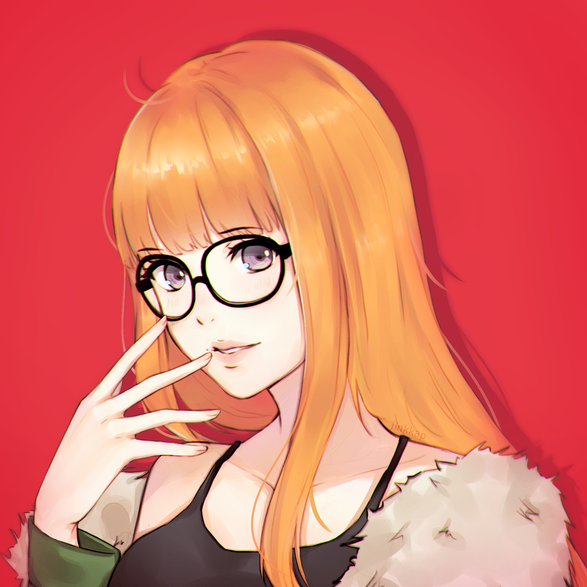 artist_name bare_shoulders black-framed_eyewear blunt_bangs collarbone commentary_request eyelashes female fingernails fur-trimmed_jacket fur_trim glasses green_jacket headphones highres jacket jinkkap lips long_fingernails long_hair looking_at_viewer nail_polish off_shoulder orange_hair parted_lips persona persona_5 pink_lips pink_nails purple_eyes red_background round_eyewear sakura_futaba shirt smile solo tank_top teeth upper_body