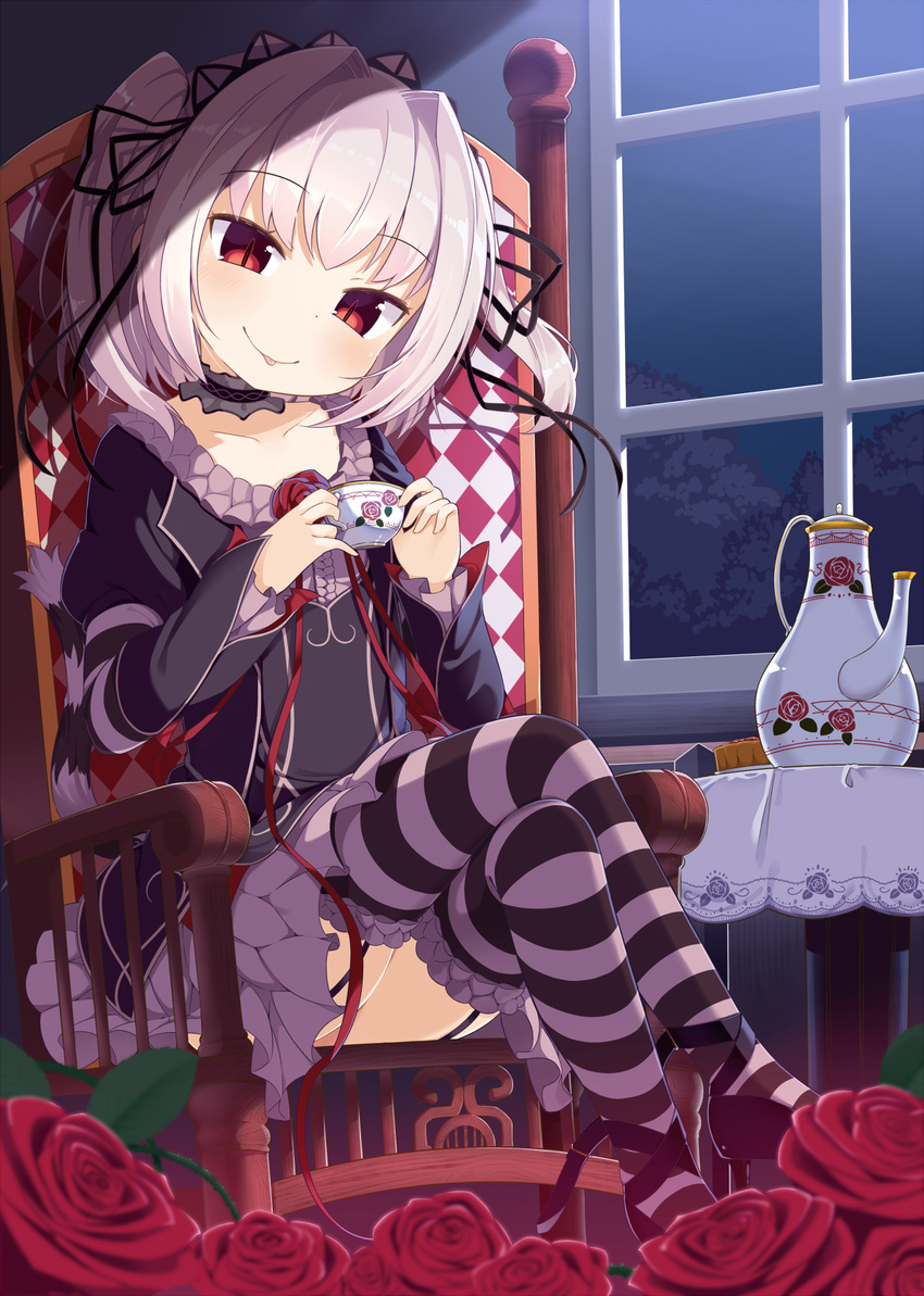 :p chair collarbone commentary_request crossed_legs cup female flower gothic_lolita grey_hair hapymaher highres indoors lolita_fashion muku_(muku-coffee) naitou_maia night red_eyes rose sitting slit_pupils solo striped_clothes striped_thighhighs tail teacup teapot thighhighs tongue tongue_out window