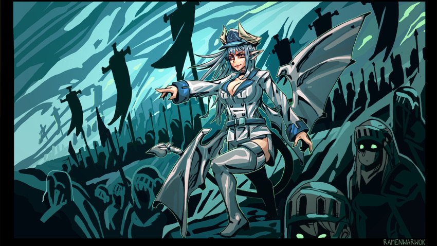 army black_border blue blue_hat boots border breasts cleavage closed_mouth demon_girl demon_horns demon_tail demon_wings grey_footwear hat horns jacket large_breasts long_hair monster_girl_encyclopedia orange_eyes original peaked_cap pointing ramenwarwok signature smile solo_focus tail thigh_boots thighhighs victoria_(lilim) white_jacket wings