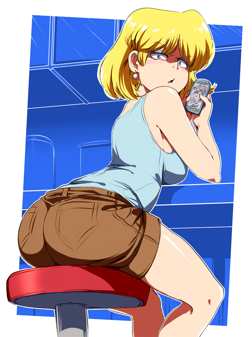 ass blonde_hair blue_eyes bobby_santiago breasts cellphone counter earrings female from_behind highres jcm2 jewelry large_breasts looking_back lori_loud makeup parted_lips phone short_shorts shorts sitting smartphone solo stool tank_top the_loud_house