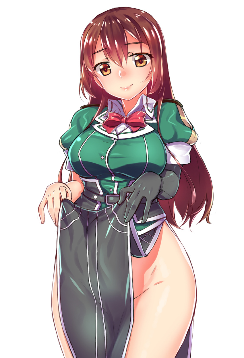 belt black_gloves black_skirt bow bowtie breasts brown_eyes brown_hair chiha_(abo_ecm_mk25) chikuma_(kancolle) chikuma_kai_ni_(kancolle) clothes_lift commentary_request elbow_gloves female gloves groin hair_between_eyes highres kantai_collection large_breasts lifting_own_clothes light_smile lips long_hair long_skirt no_panties pelvic_curtain puffy_short_sleeves puffy_sleeves short_sleeves side_slit single_glove skirt skirt_lift smile solo straight_hair thighs twintails