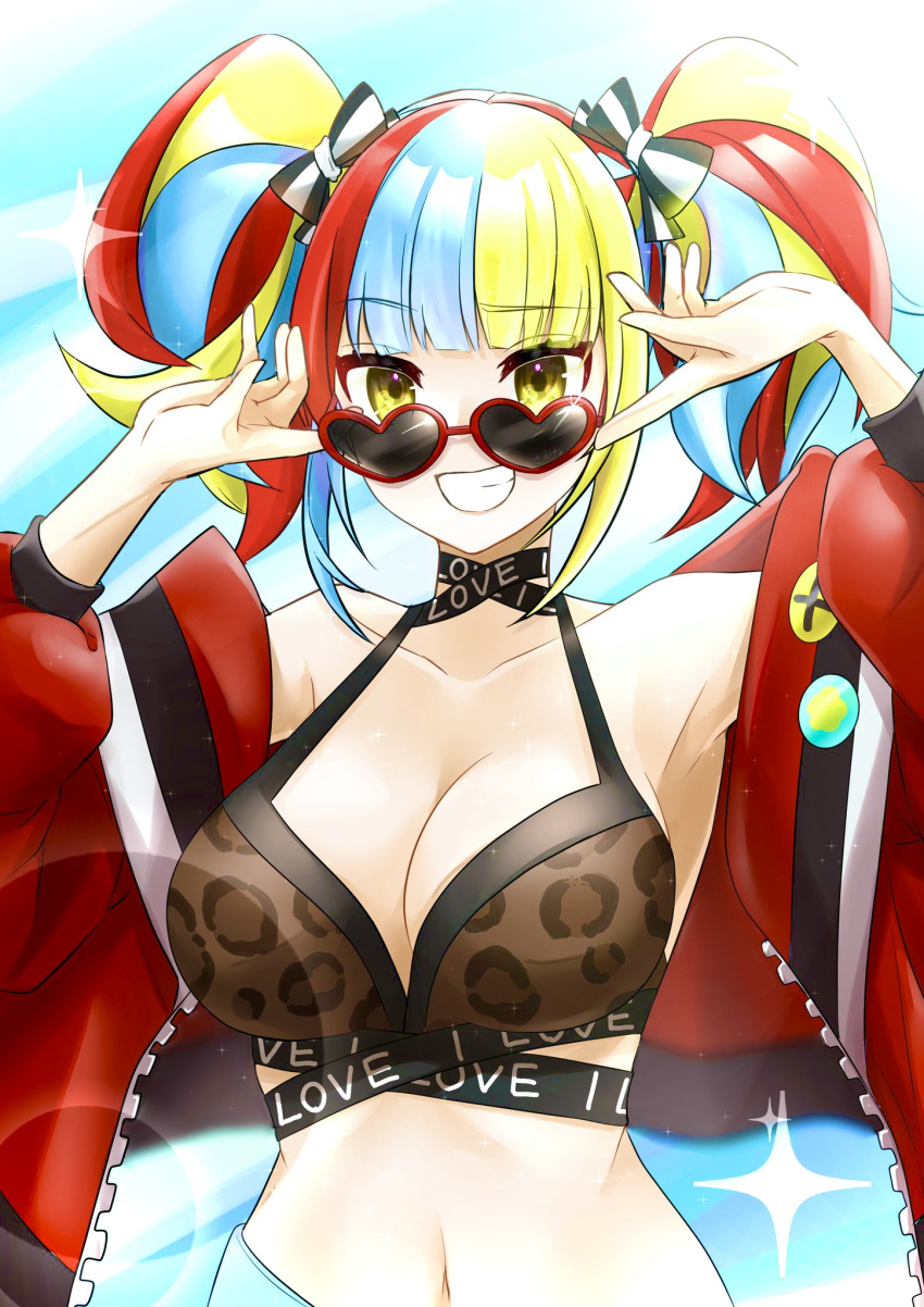 adjusting_eyewear animal_print bikini blonde_hair blue_hair bow breasts brown_bikini cleavage collarbone fate/grand_order fate_(series) female hairbow heart heart-shaped_eyewear highres jacket large_breasts leopard_print long_hair looking_over_eyewear multicolored_hair off_shoulder print_bikini red_hair red_jacket sei_shounagon_(fate) sei_shounagon_(swimsuit_berserker)_(fate) sei_shounagon_(swimsuit_berserker)_(second_ascension)_(fate) solo sunglasses swimsuit twintails user_sfvn7884 yellow_eyes