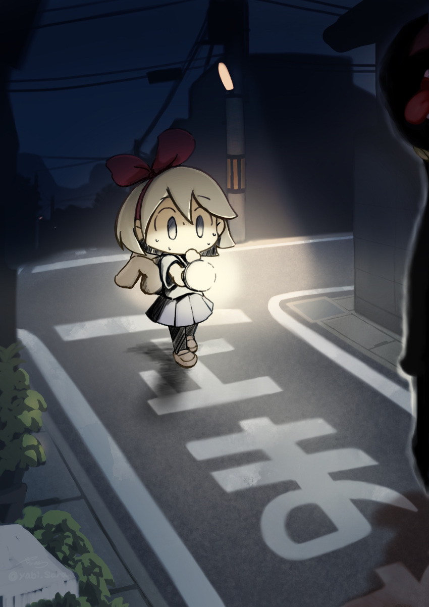 animal_bag bag blue_eyes bow brown_hair commentary female flashlight hairbow highres horror_(theme) lamppost loafers monster night noose outdoors power_lines protagonist_(yomawari) rabbit_bag red_bow road shoes short_hair skirt street sweat tongue tongue_out translated yabisara yomawari yomawari_(series)