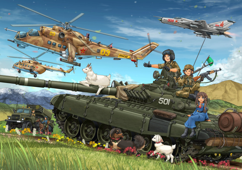 aircraft airplane akm assault_rifle bm-21 brown_eyes brown_hair canine caterpillar_tracks cloud combat_webbing commentary day english_commentary flower gloves goggles goggles_on_head gun hat hatch helicopter highres horse jet kalashnikov_rifle mi-24 mi-8 mig-21 mikeran_(mikelan) military military_uniform military_vehicle missile missile_pod mongolia mongolian_people's_army motor_vehicle mountain original outdoors red_star rifle sky smoke_grenade_launcher star_(symbol) t-72 tank uniform vehicle_focus weapon