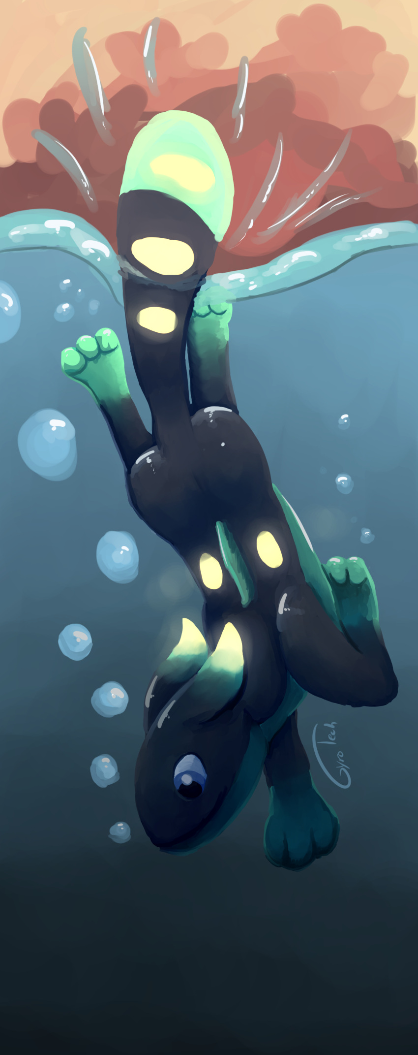 absurd_res bubble dipstick_ears dipstick_tail diving ear_markings feral glowing glowing_flesh green_markings gyrotech hi_res leg_markings markings multicolored_ears socks_(marking) solo splash spots swimming tail tail_markings underwater water