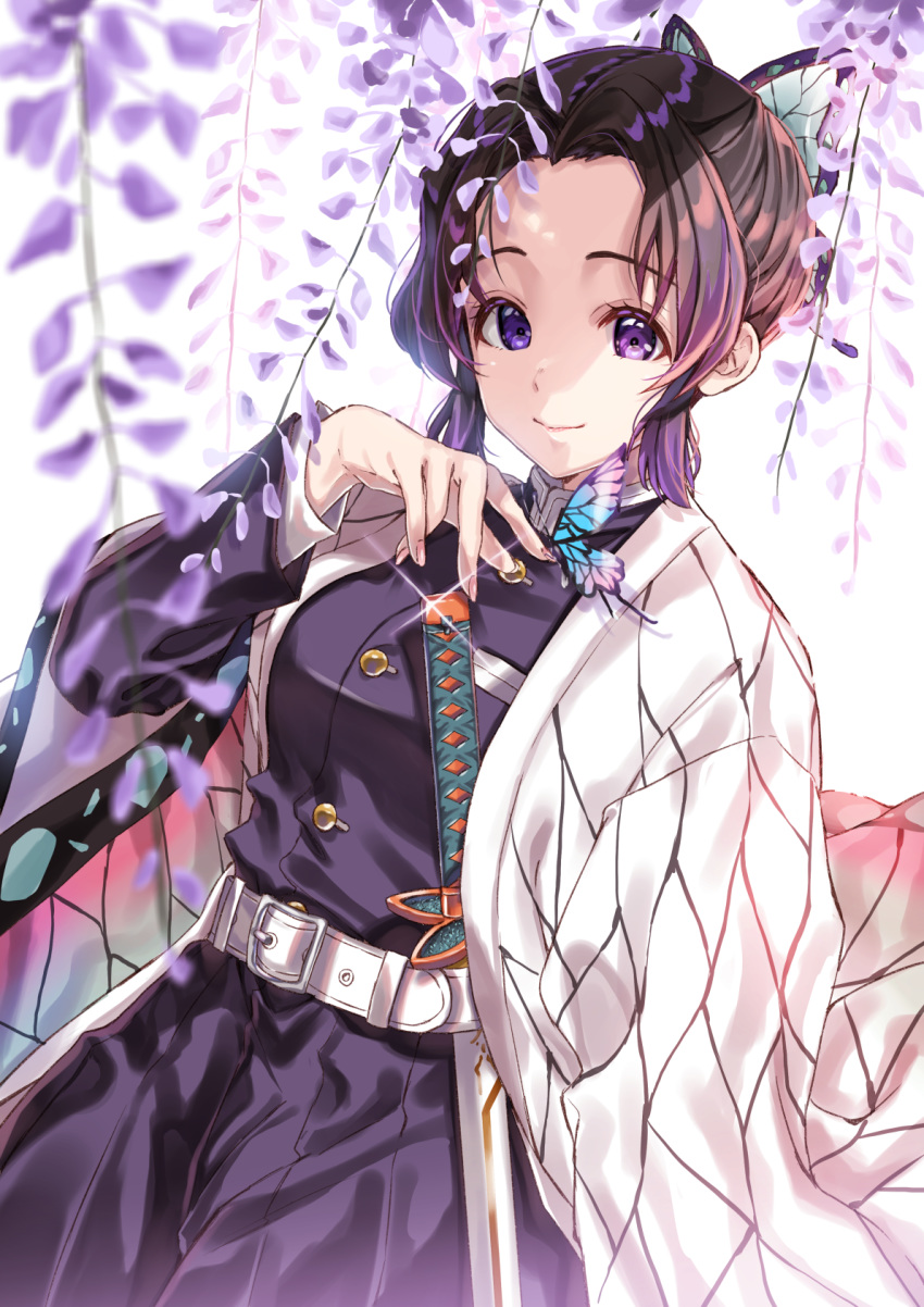 animal_print arm_up belt belt_buckle black_pants blush branch breast_pocket breasts buckle bug butterfly butterfly_hair_ornament butterfly_print buttons closed_mouth commentary_request cowboy_shot demon_slayer_uniform eyelashes female fingernails flower forehead glint grin hair_ornament haori highres japanese_clothes katana kimetsu_no_yaiba kochou_shinobu kukiha large_breasts long_sleeves looking_at_viewer pants parted_bangs patterned_clothing pocket purple_eyes purple_hair scabbard sheath short_hair sidelocks smile solo sparkle standing sword tied_hair weapon white_belt wide_sleeves wisteria