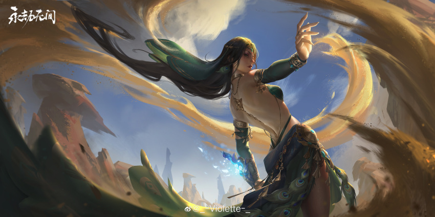 absurdres bare_back black_hair canaan_(yong_jie_wujian) cloud dagger desert dessert detached_sleeves dress female food from_below glowing glowing_weapon green_dress green_eyes hair_ornament highres jewelry knife peacock_feathers sand teeth thighhighs violette_(weibo) weapon yong_jie_wujian