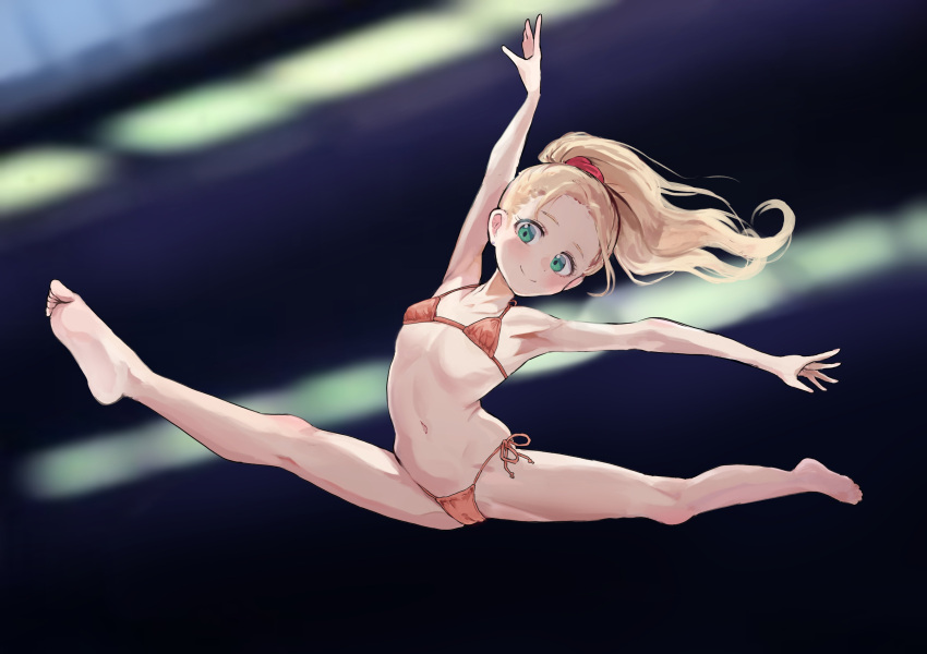 absurdres bad_id bad_twitter_id barefoot bikini blonde_hair blue_eyes breasts collarbone female full_body highres inactive_account jumping labotamochi legs long_hair looking_at_viewer navel orange_bikini original side-tie_bikini_bottom small_breasts smile solo split swimsuit