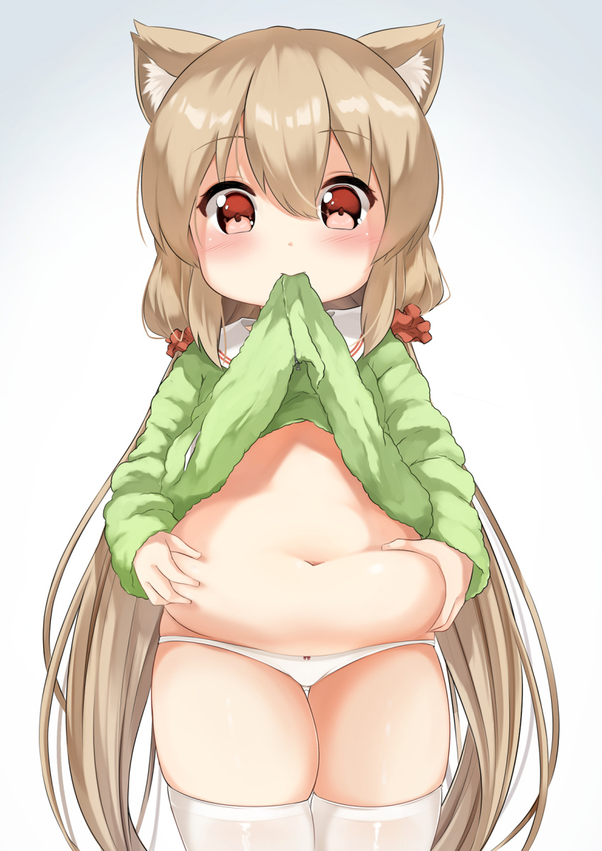 animal_ear_fluff animal_ears blush bow bow_panties brown_hair clothes_in_mouth clothes_lift commentary_request female gradient_background green_shirt grey_background hair_between_eyes hair_ornament hair_scrunchie highres koruri-chan_(sora) long_hair looking_at_viewer low_twintails mouth_hold navel no_pants original panties plump red_eyes red_scrunchie sailor_collar scrunchie shirt shirt_in_mouth shirt_lift solo sora_(silent_square) thighhighs twintails underwear very_long_hair white_background white_panties white_sailor_collar white_thighhighs