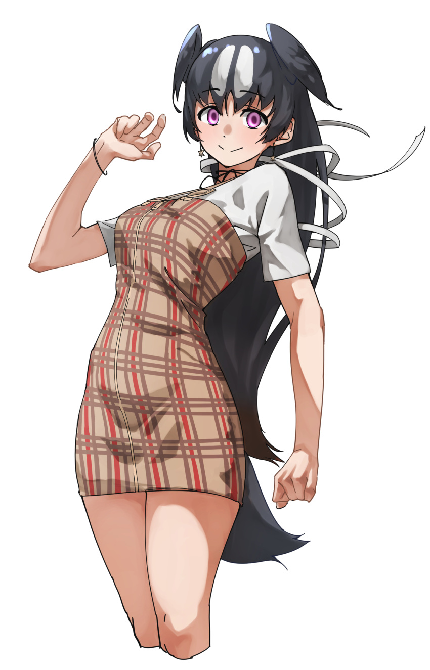 alternate_costume black_hair black_neckwear bracelet brown_dress casual commentary cowboy_shot cropped_legs dress female great_auk_(kemono_friends) hair_tie highres jewelry kemono_friends long_hair multicolored_hair pencil_dress purple_eyes shirt short_sleeves solo t-shirt tanabe_(fueisei) two-tone_hair white_background white_hair white_shirt