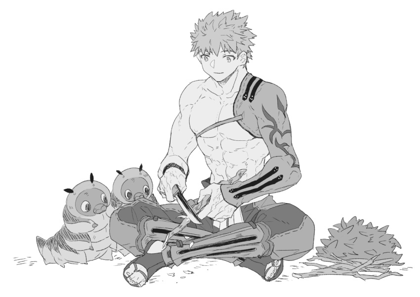 1boy abs branch carving caterpillar commentary_request emiya_shirou fate/grand_order fate_(series) full_body greyscale holding holding_knife holding_weapon igote indian_style knife leaf male_focus matsuno_(mat8k) monochrome muscular muscular_male senji_muramasa_(fate) simple_background sitting smile spiked_hair weapon white_background