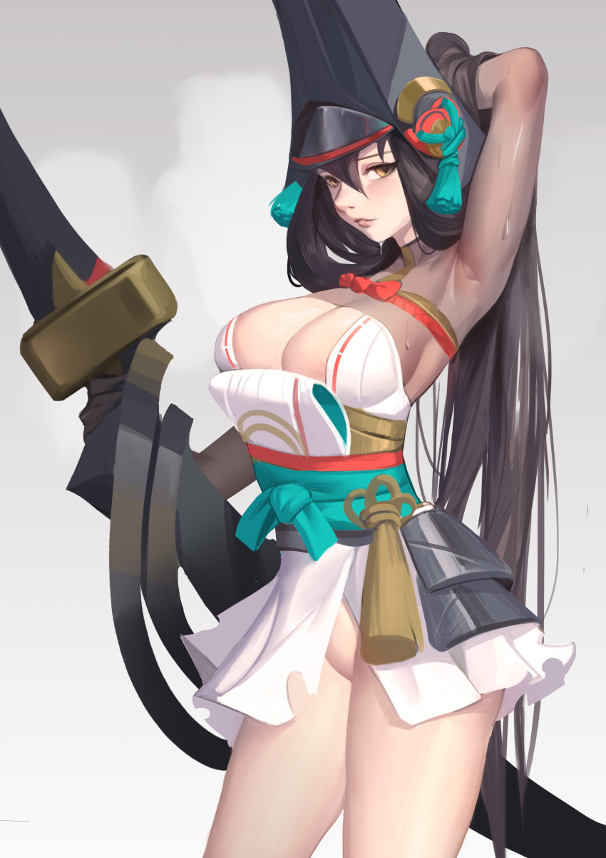 absurdres arm_behind_head armpits bad_id bad_pixiv_id breast_cutout breasts brown_hair ezi female hat highres long_hair miniskirt no_genitals onmyoji onmyouji skirt solo sweat sword tate_eboshi thighs upper_body weapon youtou_hime_(onmyoji)