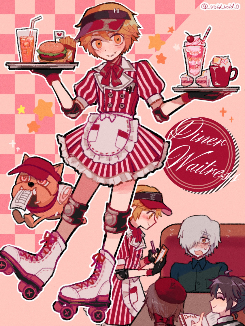 4boys ahoge andrew_kreiss apron artist_name beret black_gloves black_shirt blonde_hair blush boots bow bowtie brown_hair burger buttons cake cake_slice canine casual cherry closed_eyes collared_shirt cross-laced_footwear crossdressing cup diner drinking_glass edgar_valden elbow_pads english_text flying_sweatdrops food french_fries frilled_apron frilled_skirt frills fruit gloves hair_between_eyes hair_over_one_eye hairbow hat heart highres holding identity_v knee_pads lace-up_boots luca_balsa male_focus menu mini_flag mouth_hold mug multiple_boys neck_ribbon notepad open_mouth orange_eyes parfait puffy_short_sleeves puffy_sleeves red_bow red_bowtie ribbon roller_skates shirt short_hair short_sleeves skates skirt skirt_set smile solo_focus star_(symbol) stitched_mouth stitches striped sweat symbol-shaped_pupils tendenbarabara tray twitter_username vertical_stripes victor_grantz visor waist_apron waitress white_footwear white_hair wick_(identity_v) x-shaped_pupils