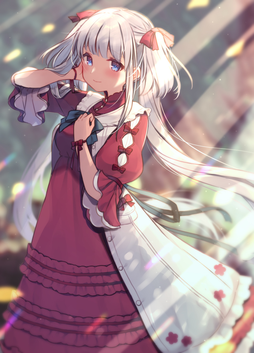 absurdres aqua_bow blue_eyes blurry blurry_background blush bow breasts closed_mouth dress female frilled_dress frills grey_hair hairbow highres jacket long_sleeves looking_at_viewer mabinogi medium_breasts nao_(mabinogi) petticoat pinafore_dress red_bow red_dress sidelocks sleeveless sleeveless_dress smile solo standing twintails usamata white_hair white_jacket