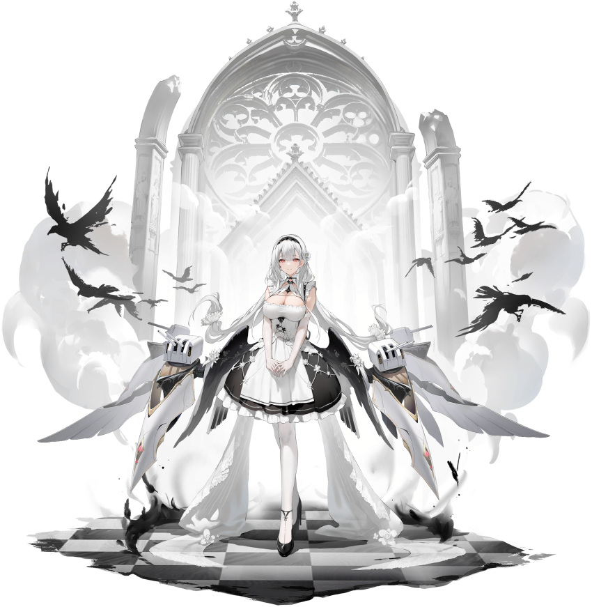 absurdres apron azur_lane bare_shoulders bird black_feathers black_footwear black_skirt black_wings braid breasts cannon cleavage cleavage_cutout closed_mouth clothing_cutout crow dress elbow_gloves feathers female flower frilled_dress frilled_skirt frills full_body gloves hagi_(ame_hagi) hair_ornament high_heels highres large_breasts long_hair looking_at_viewer low_twintails low_wings maid maid_apron non-web_source official_art own_hands_together pantyhose red_eyes rigging scylla_(azur_lane) skirt smile solo torpedo_tubes transparent_background turret twintails very_long_hair white_dress white_flower white_gloves white_hair white_pantyhose wings