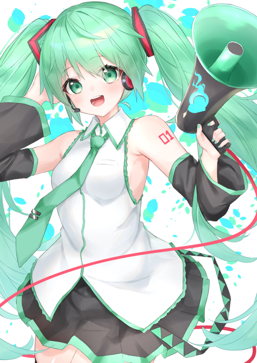 :d bare_shoulders black_skirt black_sleeves blush breasts collared_shirt commentary detached_sleeves female green_eyes green_hair green_nails green_necktie hair_between_eyes hair_ornament hands_up hashiko_nowoto hatsune_miku headphones headset heart heart_print highres holding holding_megaphone long_hair long_sleeves megaphone nail_polish necktie open_mouth pleated_skirt round_teeth shirt skirt sleeveless sleeveless_shirt small_breasts smile solo supercell_(band) teeth tie_clip twintails upper_teeth_only very_long_hair vocaloid white_shirt