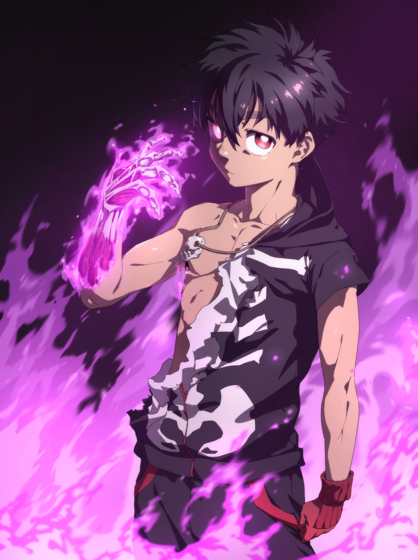 1boy absurdres bad_id bad_pixiv_id black_hair bone commentary_request fire glimo highres kemono_jihen kusaka_kabane looking_at_viewer looking_up male_focus muscular muscular_child muscular_male red_eyes skeletal_arm skeletal_hand skeleton solo torn torn_clothes undead