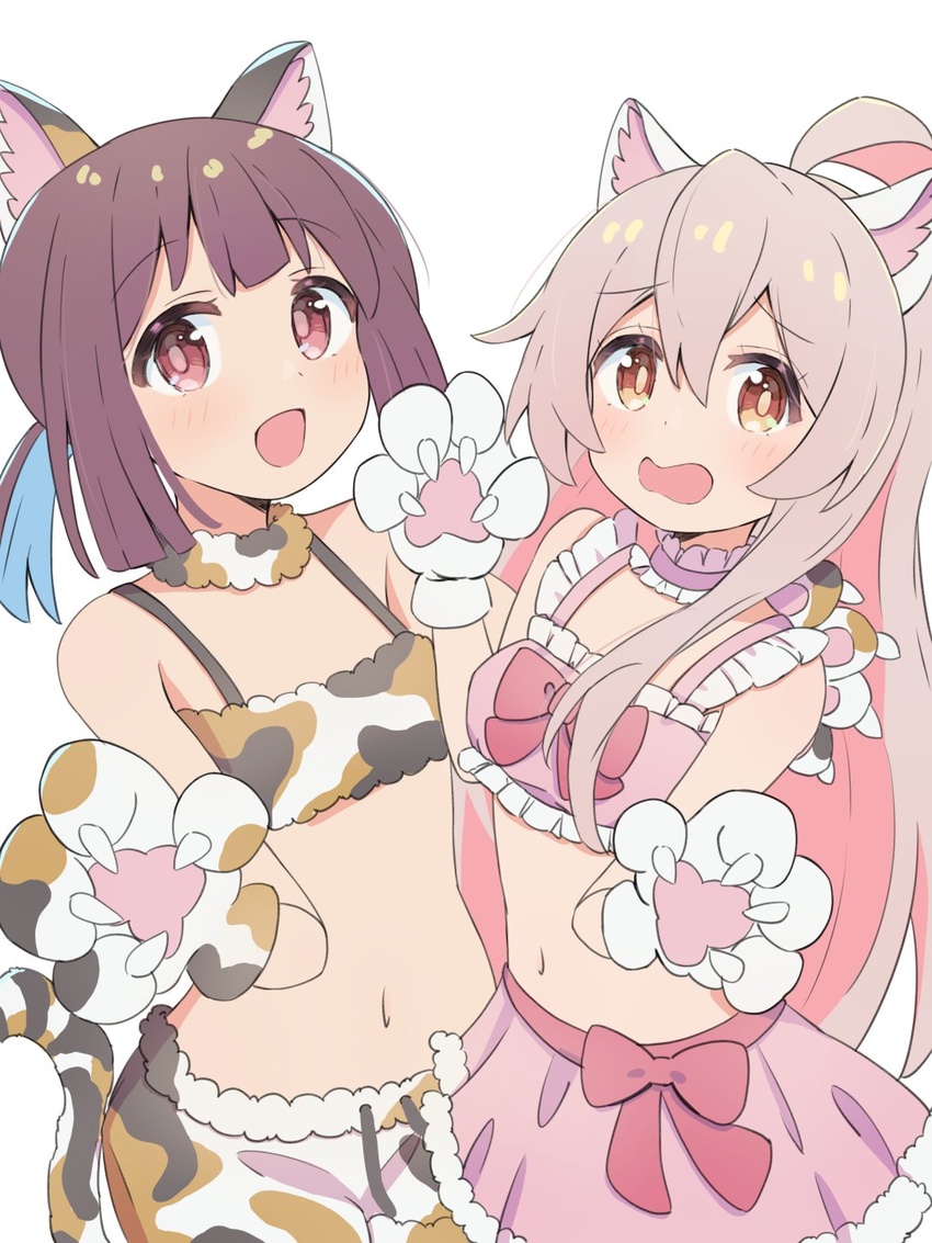 2girls :d :o ahoge animal_ears animal_hands animal_print bare_arms bare_shoulders blue_hair bra breasts brown_eyes brown_hair cat_ears cat_print cat_tail choker colored_inner_hair commentary flat_chest frilled_bra frilled_choker frills fur-trimmed_shorts fur-trimmed_skirt fur_trim gloves grey_hair hair_between_eyes highres hozuki_momiji long_hair looking_at_viewer multicolored_hair multiple_girls navel official_alternate_costume onii-chan_wa_oshimai! open_mouth oyama_mahiro paw_gloves paw_pose pink_bra pink_choker pink_hair pink_skirt short_hair short_ponytail shorts simple_background skirt small_breasts smile stomach tail tetesudeesu two-tone_hair underwear wavy_mouth white_background