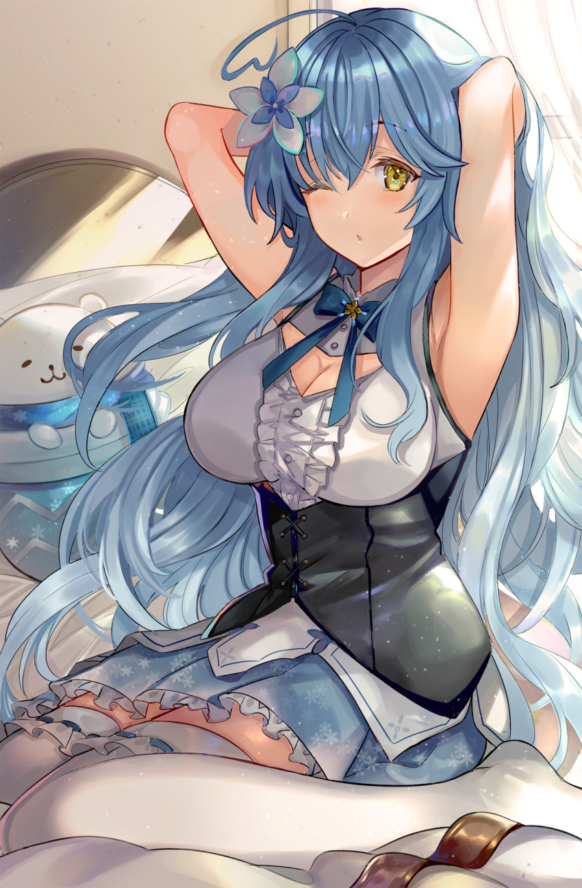 ahoge armpits arms_behind_head arms_up bad_id bad_pixiv_id belt black_corset blue_bow blue_bowtie blue_hair blue_skirt bow bowtie breasts center_frills cleavage cleavage_cutout clothing_cutout corset daifuku_(yukihana_lamy) female flower frilled_shirt frilled_skirt frilled_thighhighs frills hair_between_eyes hair_down hair_flower hair_ornament hands_in_hair heart heart_ahoge highres hololive large_breasts long_hair looking_at_viewer miniskirt no_shoes on_bed one_eye_closed shibaebi_(yasaip_game) shirt sitting skirt sleeveless sleeveless_shirt snowflake_print solo stretching thighhighs tying_hair underbust unworn_belt very_long_hair virtual_youtuber waking_up white_shirt white_thighhighs yellow_eyes yukihana_lamy yukihana_lamy_(1st_costume)