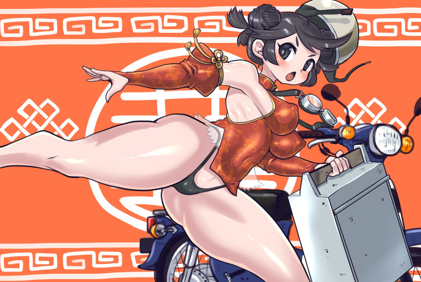 absurdres ass bare_shoulders black_eyes black_hair black_panties china_dress chinese_clothes commentary covered_navel covered_nipples detached_sleeves double_bun dress female food_delivery_box hair_bun helmet highres holding kicking minami_aomori motor_vehicle motorcycle okamochi_(container) open_mouth original panties revealing_clothes solo thong underwear v-shaped_eyebrows