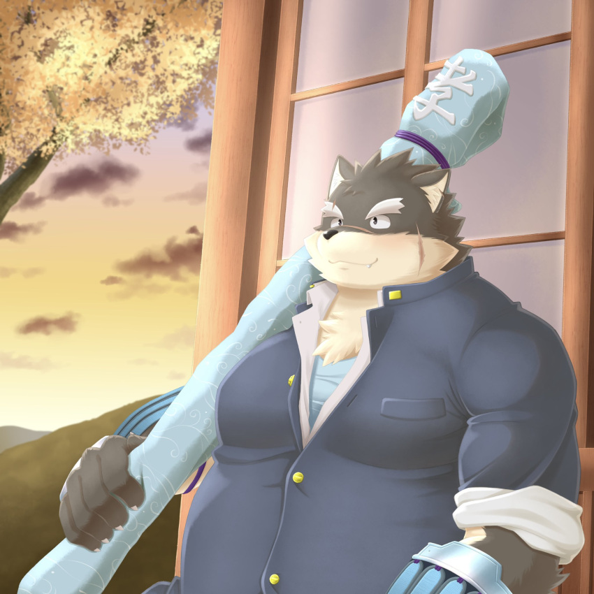 1:1 anthro canid canine canis clothing domestic_dog eyebrows hi_res homohomofever katana lifewonders male mammal melee_weapon moritaka_(tas) overweight overweight_male scar school_uniform solo sunset sword thick_eyebrows tokyo_afterschool_summoners uniform weapon