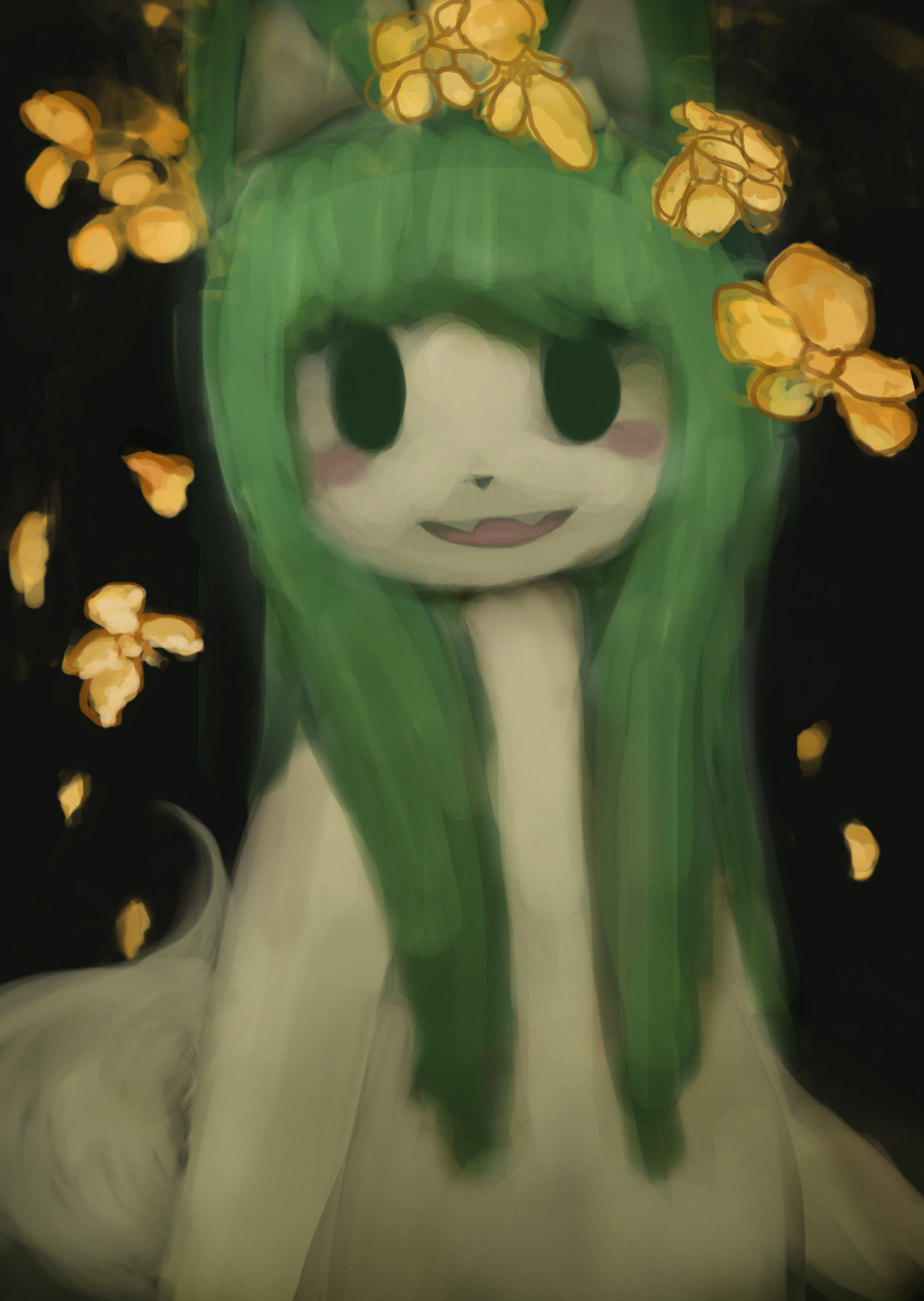 anthro black_background black_nose blush canid canine fangs female female_anthro flower fur green_eyes green_hair hair hi_res hooki kemono mammal mori_(vb00) open_mouth plant simple_background smile solo tail tan_body tan_fur tan_tail teeth unfinished yellow_flower